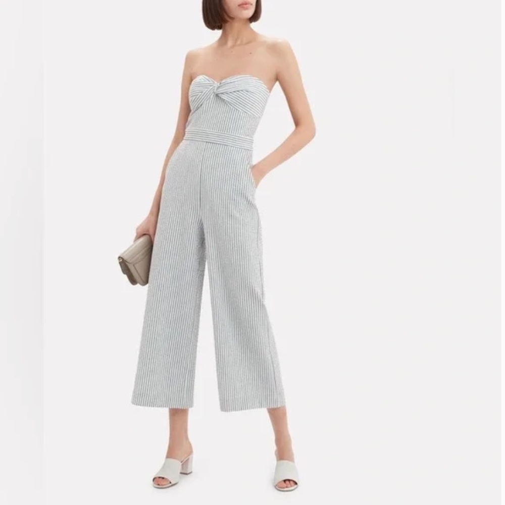 Veronica Beard Serild Strapless Seersucker Grey White Striped Jumpsuit Size 2